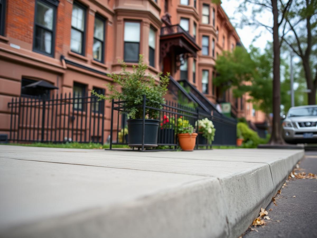 Full-block DOT sidewalk replacement with broom finish and steel-troweled curb.