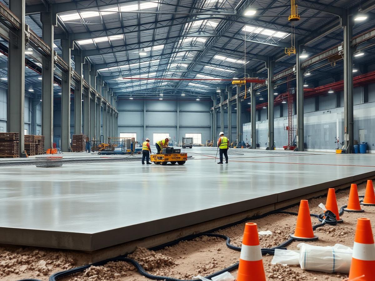 45,000 sq ft laser-screeded warehouse slab poured in a single overnight placement.