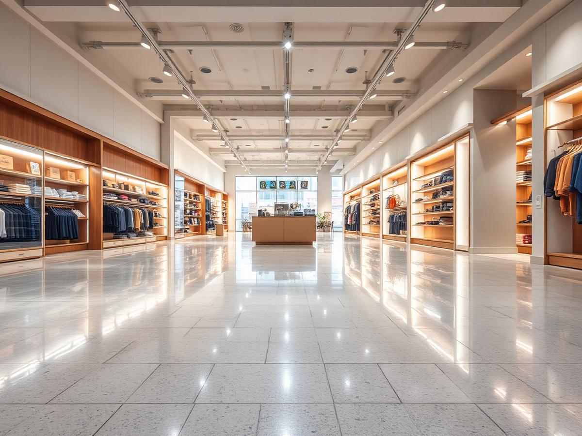 Polished concrete retail floor with diamond-ground finish.
