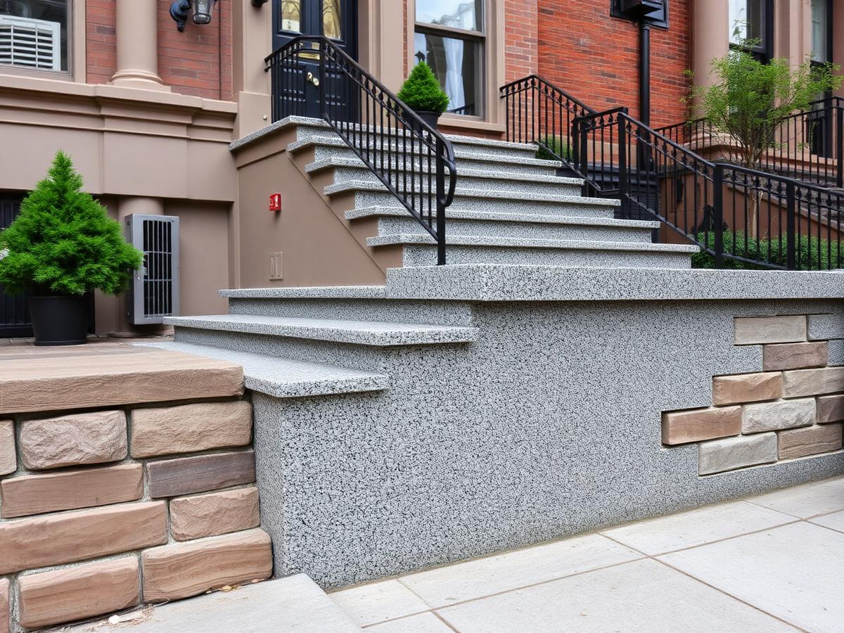 Exposed-aggregate stoop and retaining wall matched to historic streetscape.